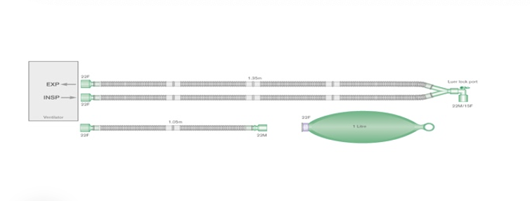 Flextube Beatmungssystem mit geschlossenem Beutel 1L, 15 mm Luer-Winkel und Zusatzschlauch ≥ 1.35M (2145000)